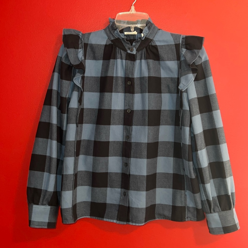 NWOT Wilfred Free Curiosity Blue & Black Plaid Flannel Shirt